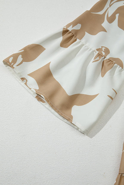 PLUS SIZE Khaki Abstract Print Ruffle Sleeve Tiered A-line Long Dress