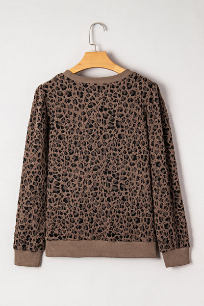 Brown Ribbed Trim Leopard Print Long Sleeve Top