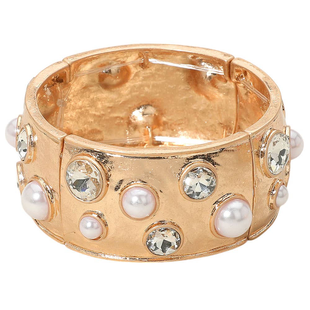 Glass Stone Studded Wide Bangle Statement Stretch Bracelet