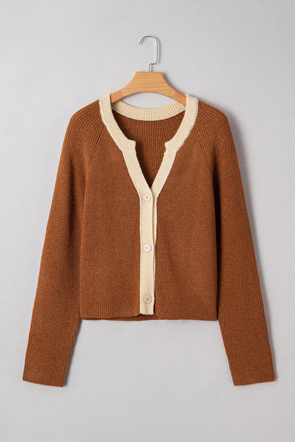 Chestnut Contrast Color V Neckline Knit Cardigan