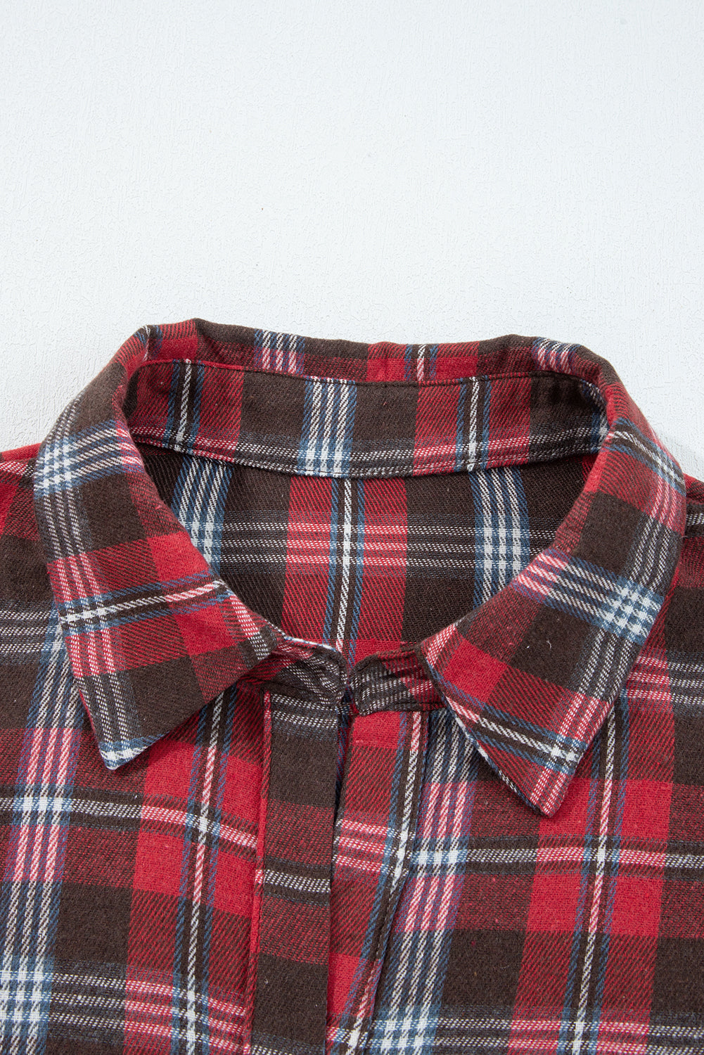 Red Plaid Print Collared V Neck Loose Blouse with Side Slits