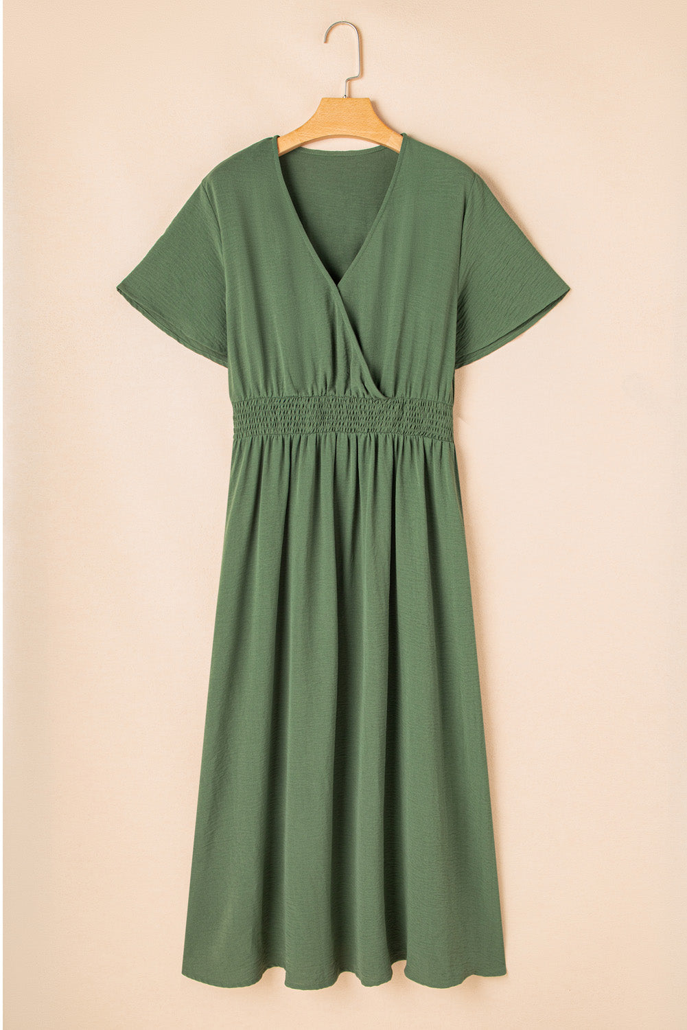 PLUS SIZE Green Surplice Neckline Smocked High Waist Maxi Dress