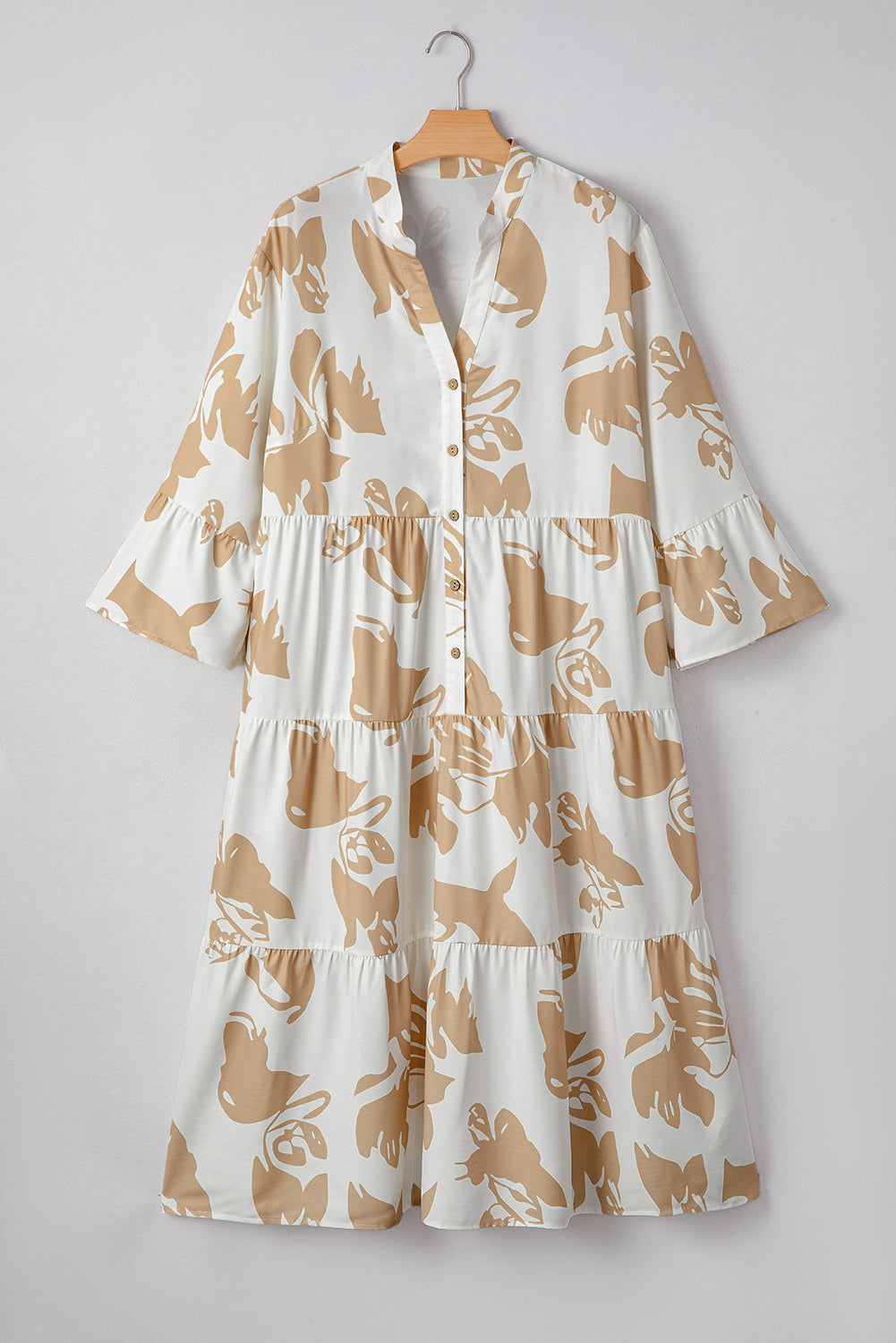 PLUS SIZE Khaki Abstract Print Ruffle Sleeve Tiered A-line Long Dress