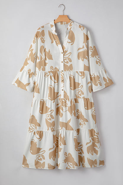 PLUS SIZE Khaki Abstract Print Ruffle Sleeve Tiered A-line Long Dress