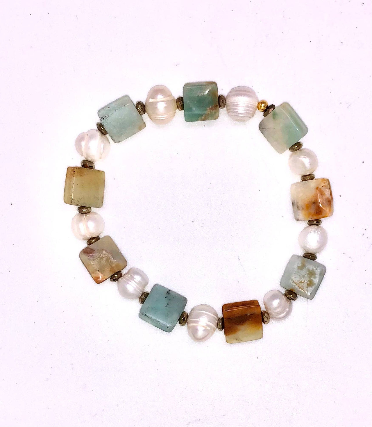 Bracelet Stretch Sq.Amazonite/Freshwater Pearl Hemat.Sp 7”