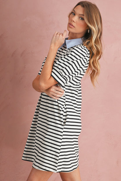 Black Stripe Collared Puff Sleeve Pocketed Mini Dress