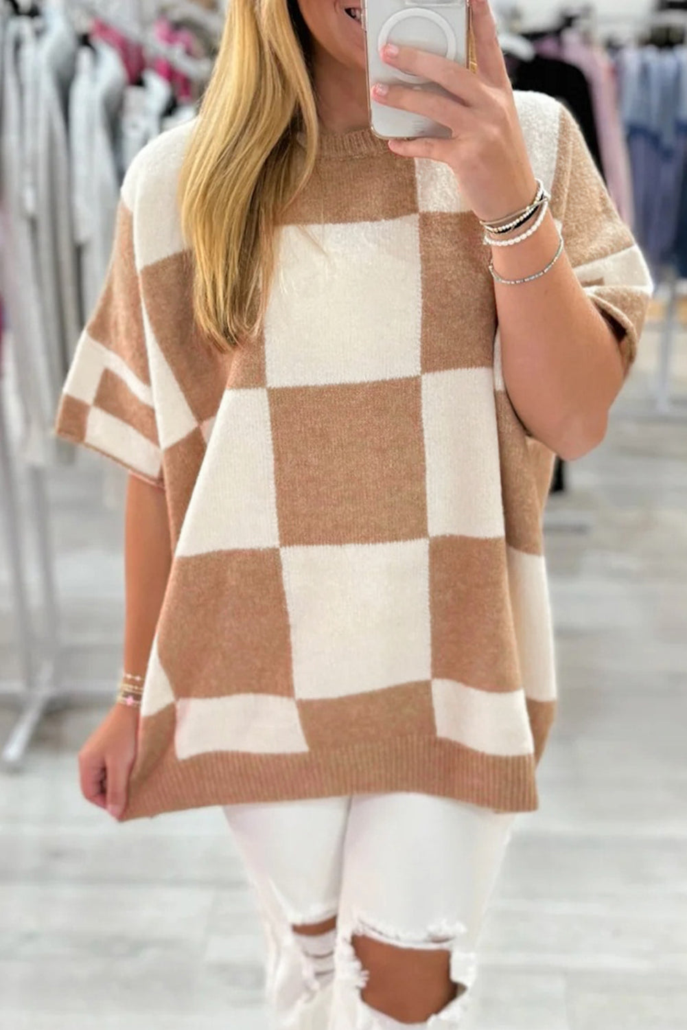 Light French Beige Checkered Pattern Loose Short Sleeve Sweater