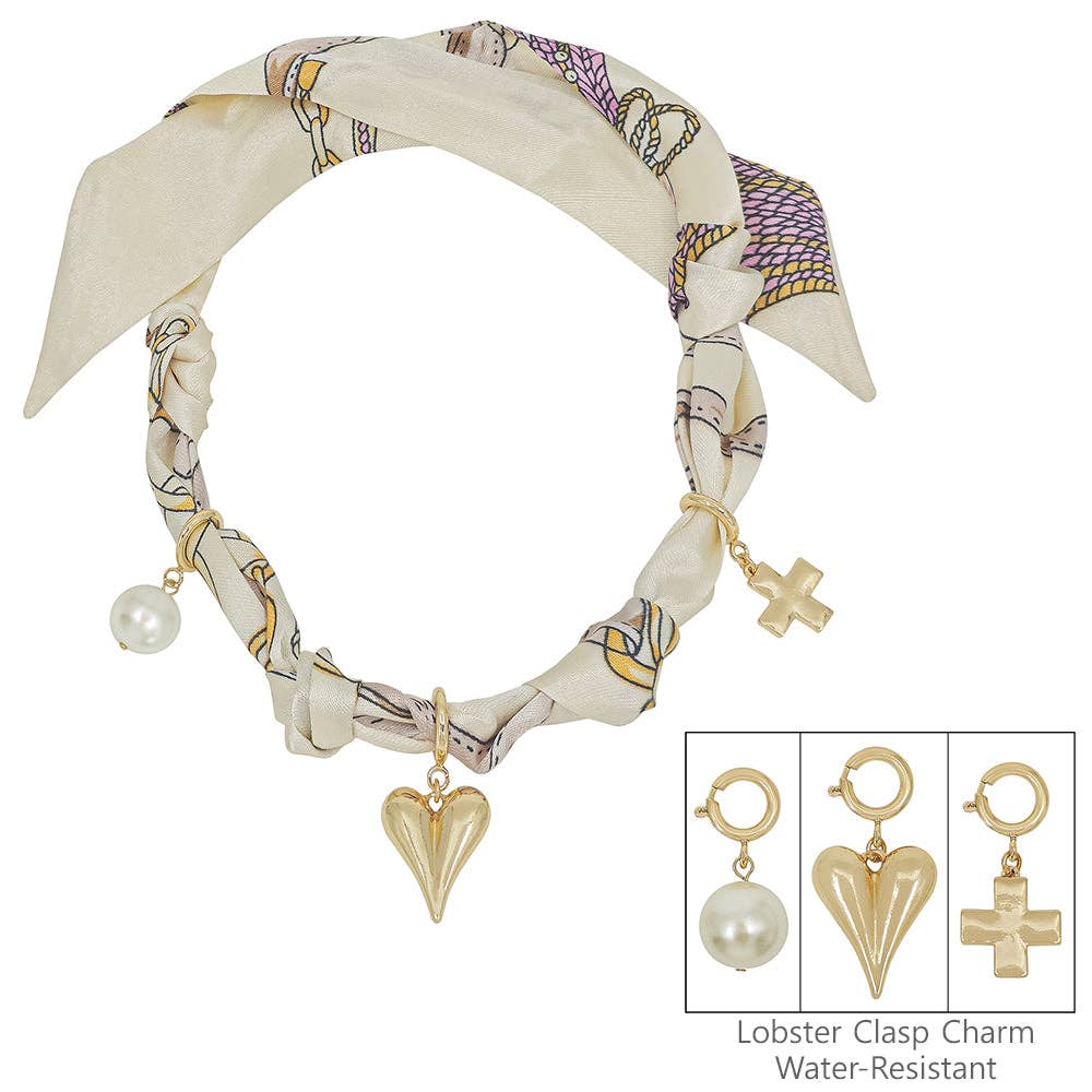Cream/Natural Knotted Scarf Necklace with Puffy Heart,Open Cross, and Bow Charm,  VERY POPULAR!