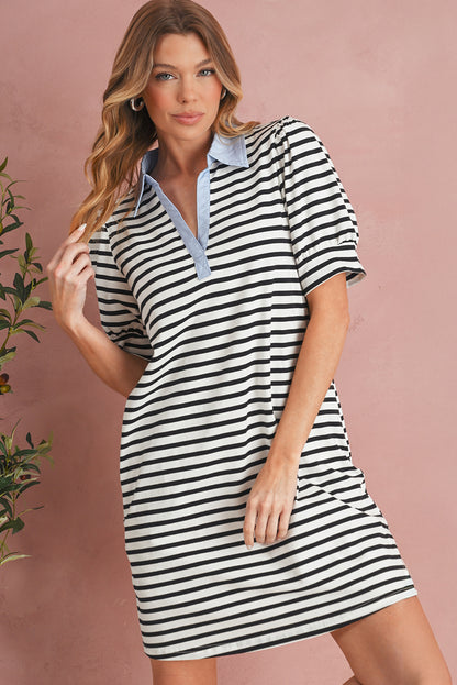Black Stripe Collared Puff Sleeve Pocketed Mini Dress