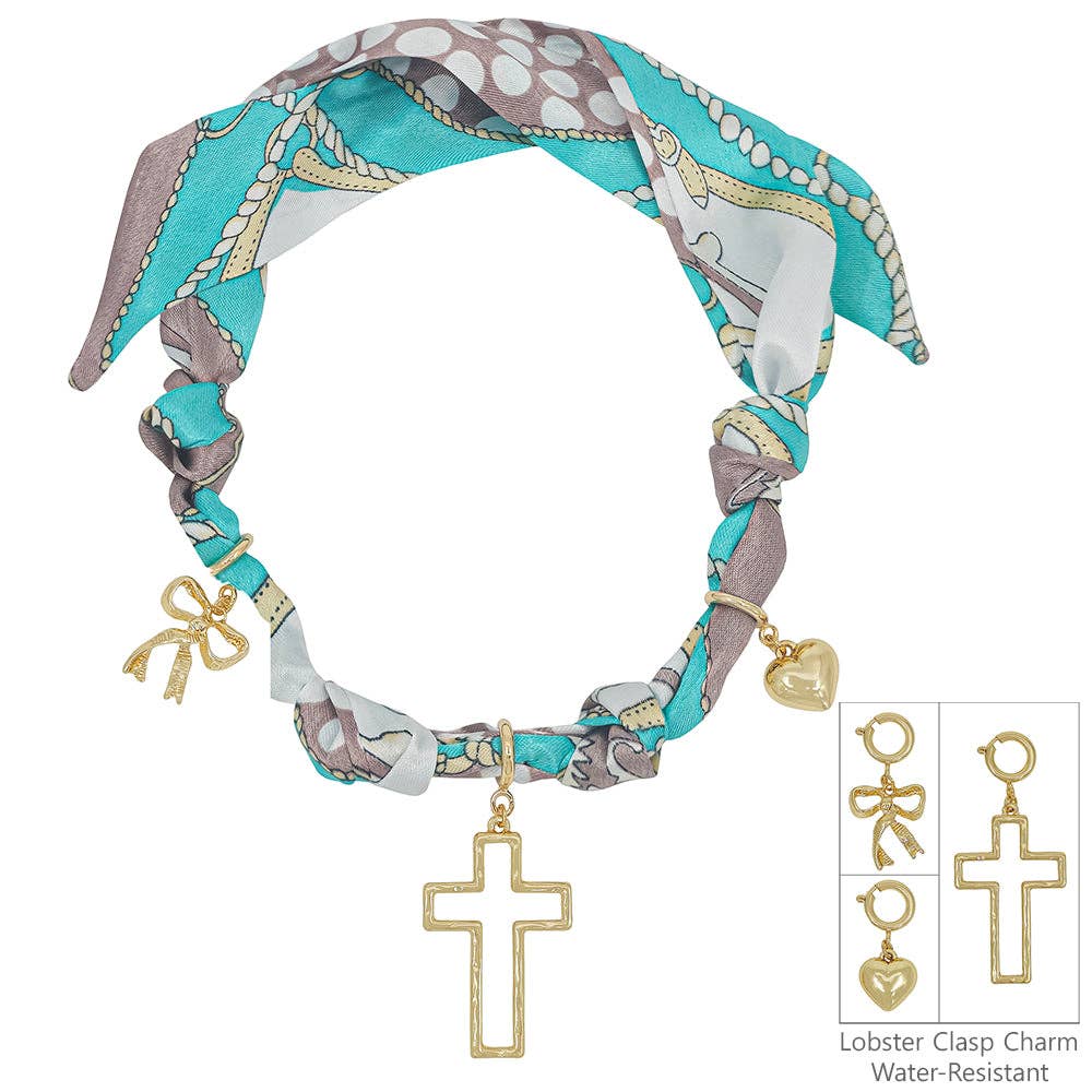 Blue/White Knotted Scarf Necklace with Heart, Cross, and Pearl Charm,  VERY POPULAR!