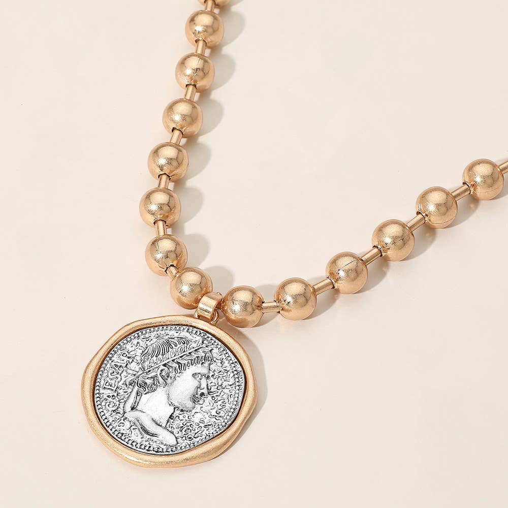Worn Metal Roman Caesar Medal Pendant Beaded Necklace