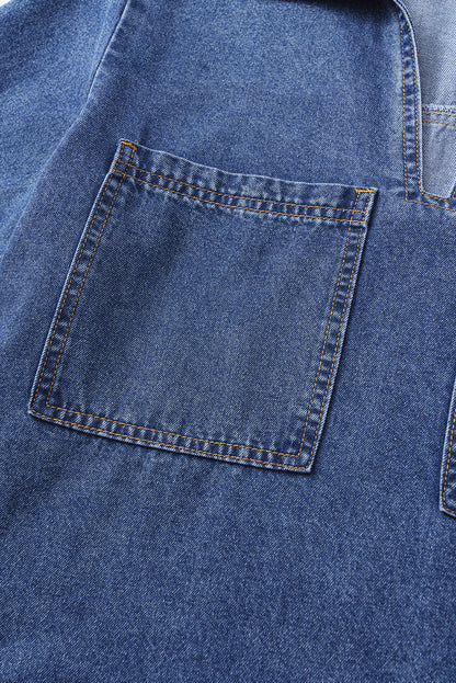 Blue Short Sleeve Collared Chest Pocket Denim Mini Dress