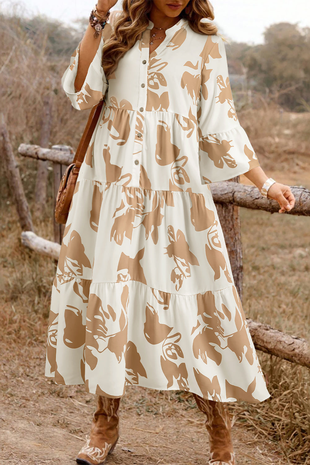 PLUS SIZE Khaki Abstract Print Ruffle Sleeve Tiered A-line Long Dress