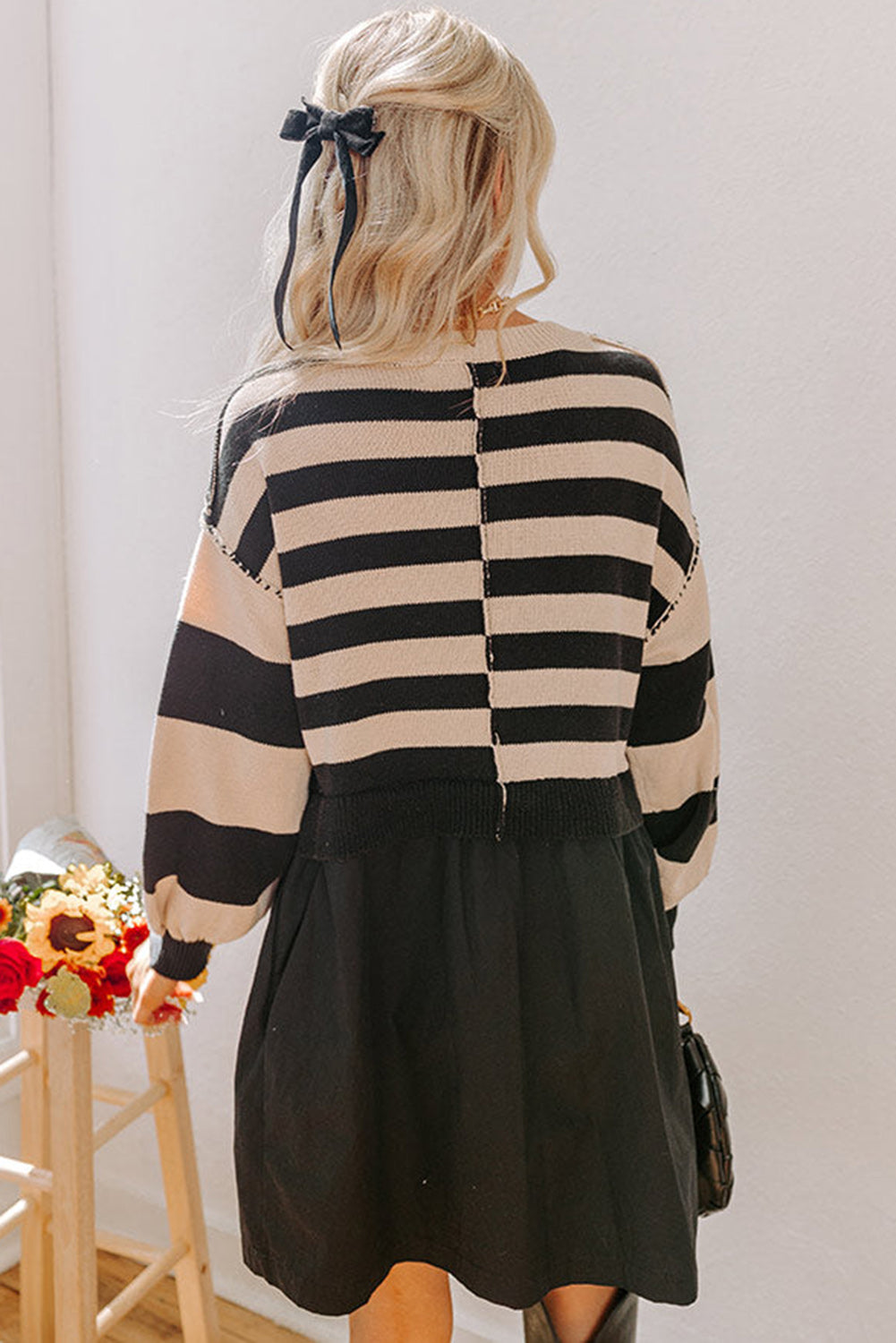 Black Stripe Two in One Knitted Top High Waist Splicing Hem Sweater Dress