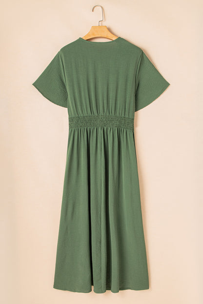 PLUS SIZE Green Surplice Neckline Smocked High Waist Maxi Dress