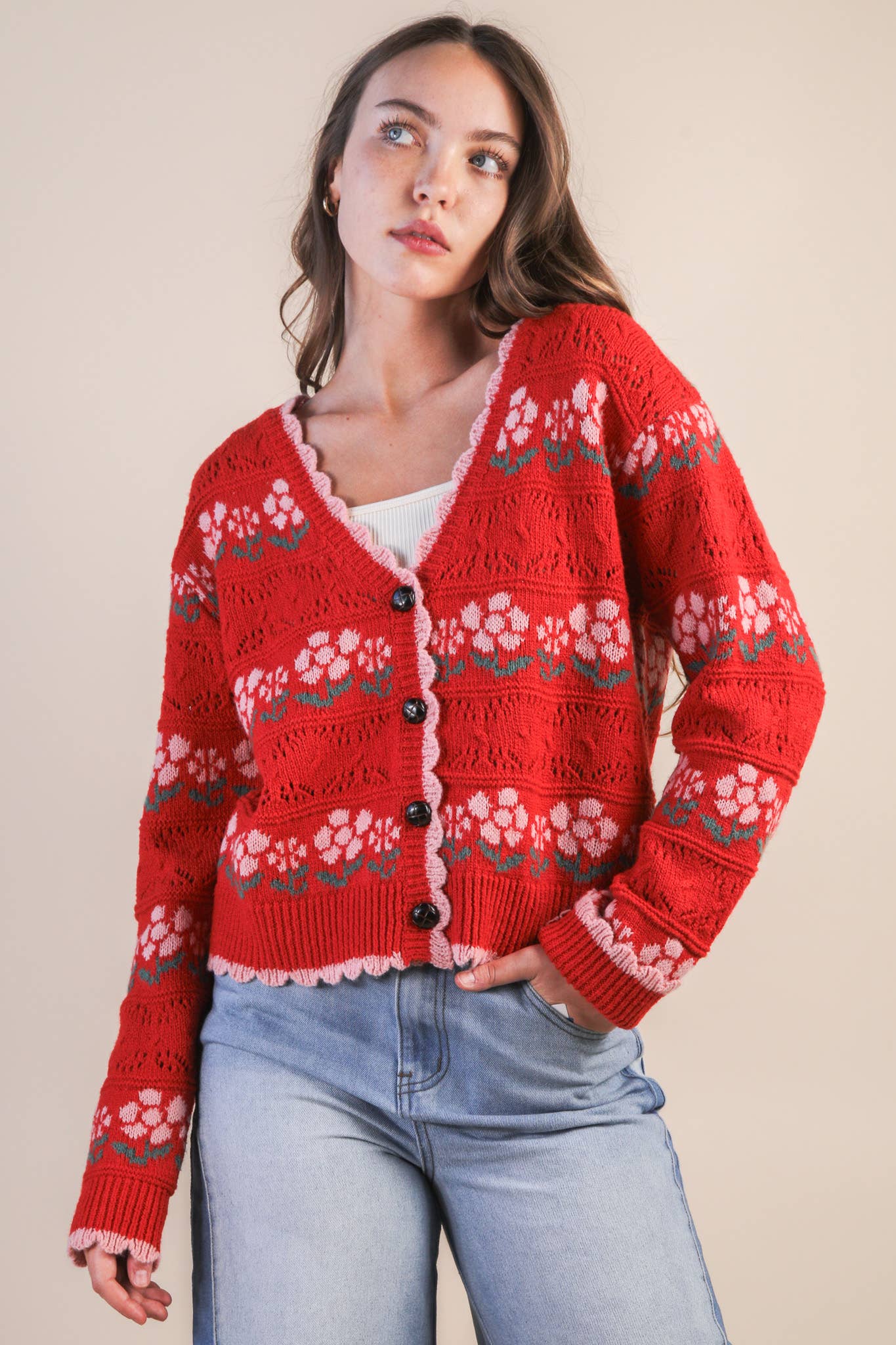 Floral Graphic Detail Knit Sweater Cardigan