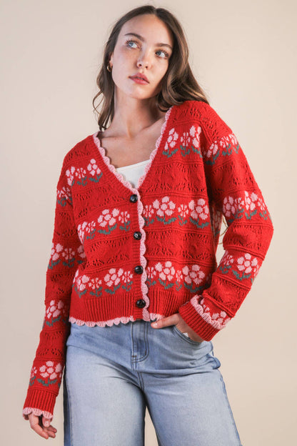 Floral Graphic Detail Knit Sweater Cardigan