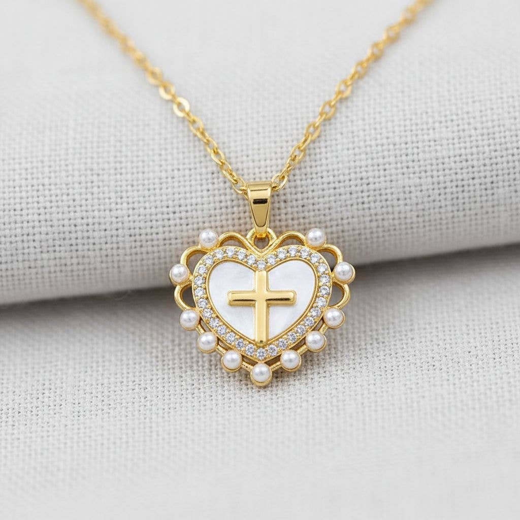 Heart Cross Pendant Necklace with Full Crystal Design