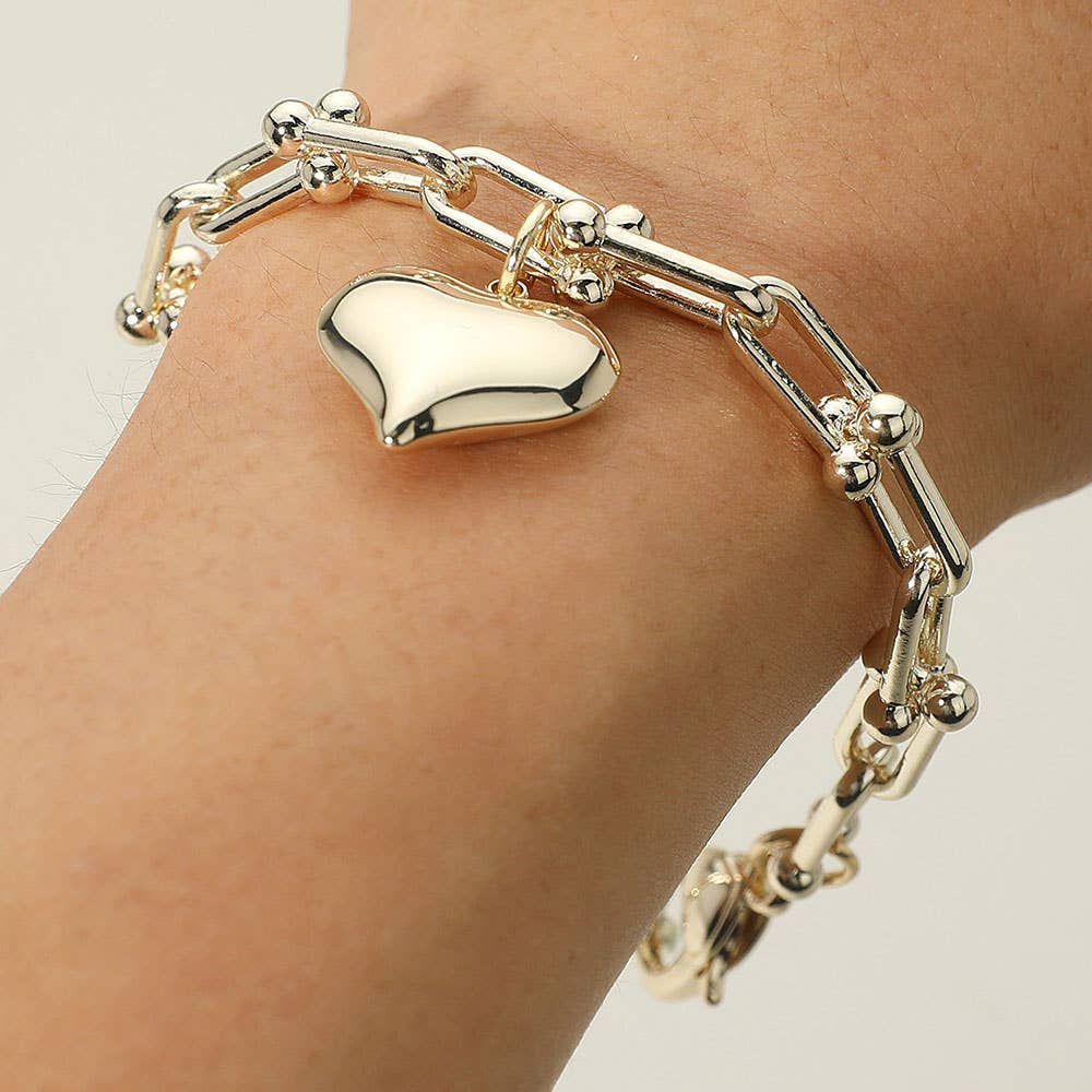 14K Gold Plated Heart Charm Industrial Chain Link Bracelet