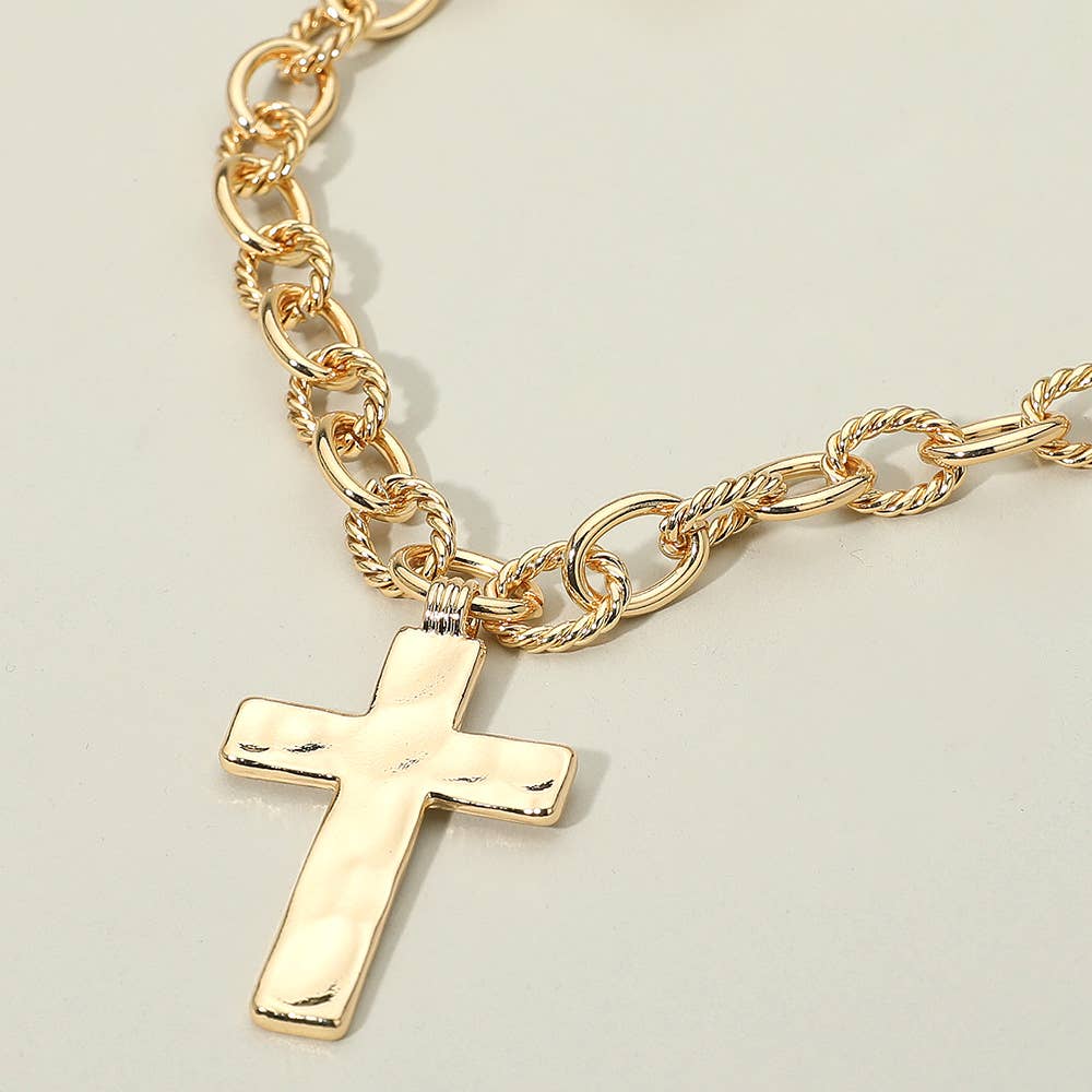 Hammered Metal Cross Chunky Textured Chain Necklace