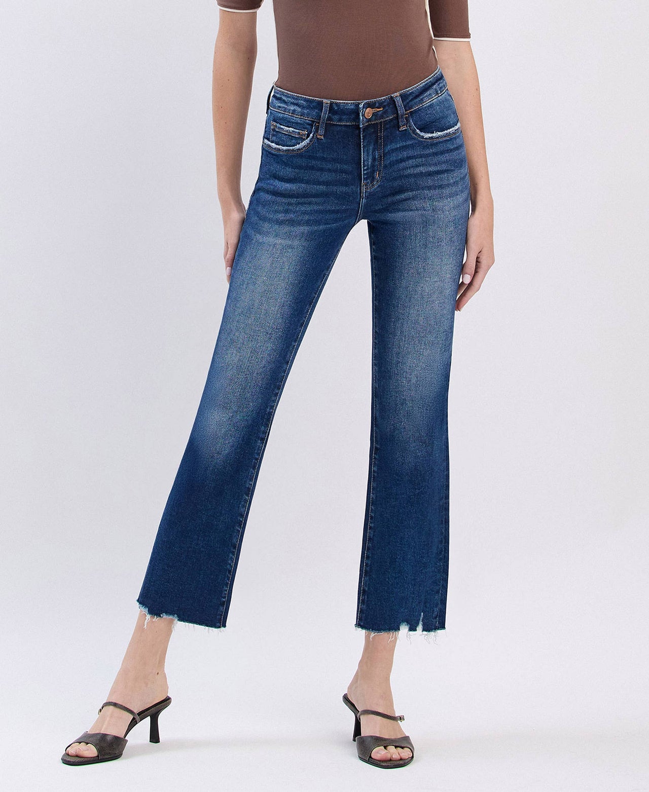 PORTABLE MID RISE DARK WASH CROP MINI BOOTCUT JEANS